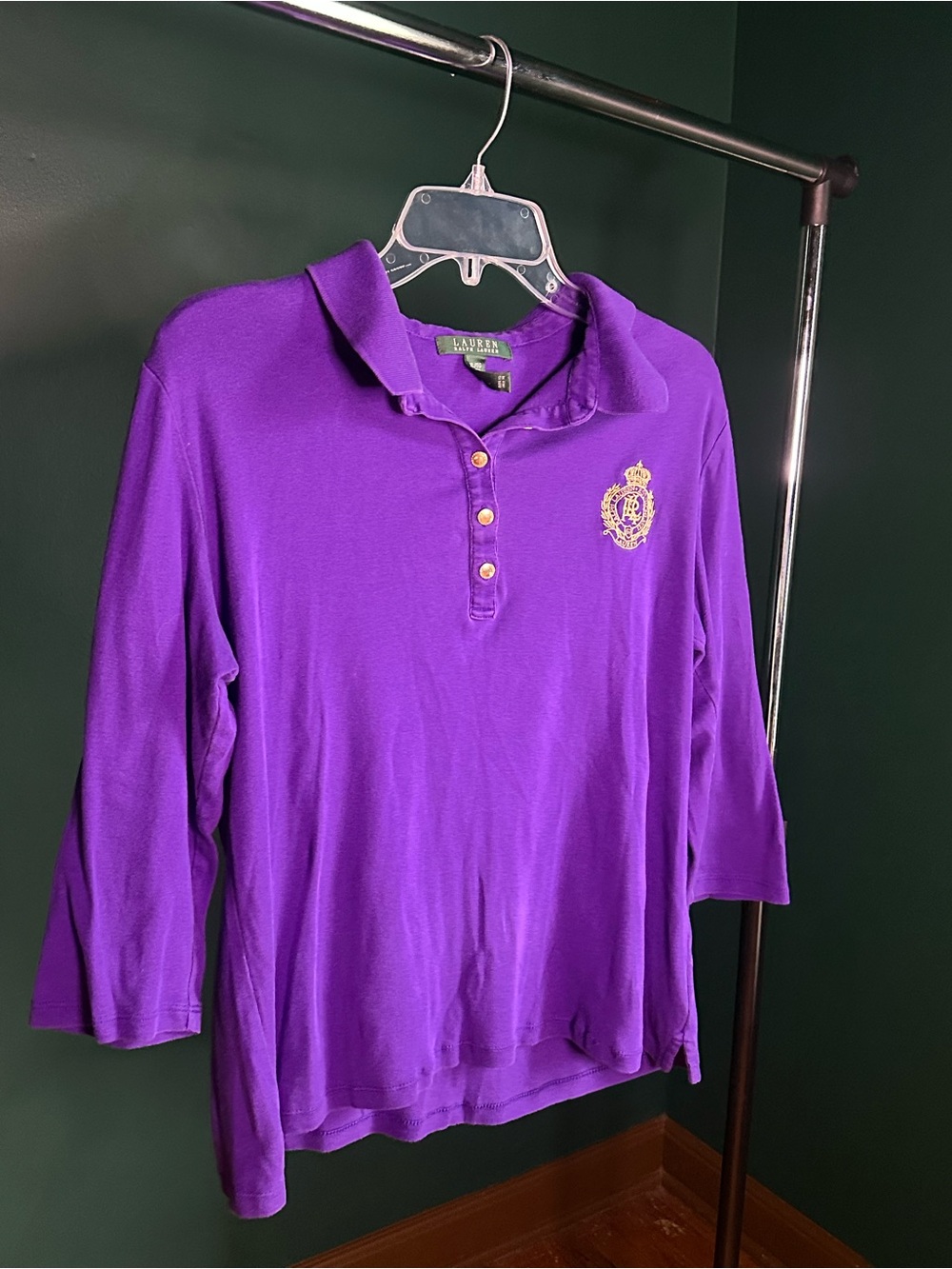Ralph Lauren Purple 3/4 Sleeve Polo with Gold Crest